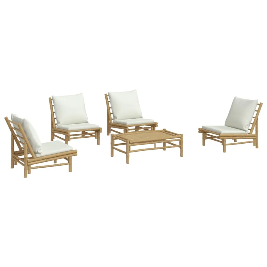 Salon de jardin 5 pcs avec coussins blanc crème bambou - 3