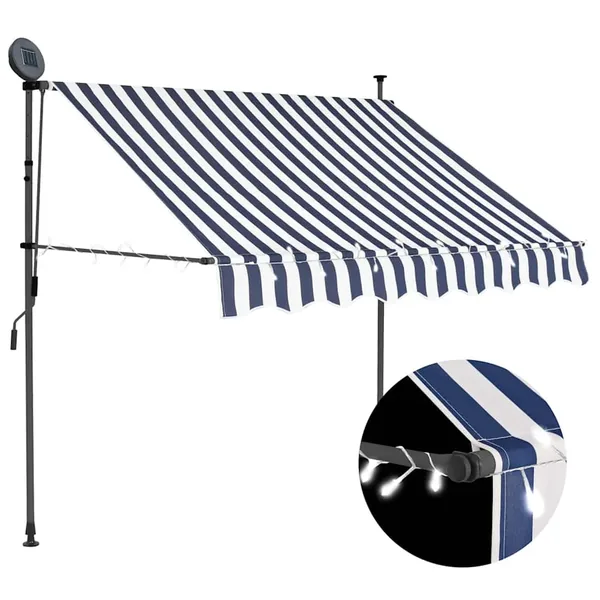 Auvent manuel rétractable avec LED 150 cm Bleu et blanc