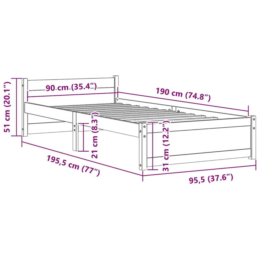 Cadre de lit sans matelas bois massif 90x190 cm - 9