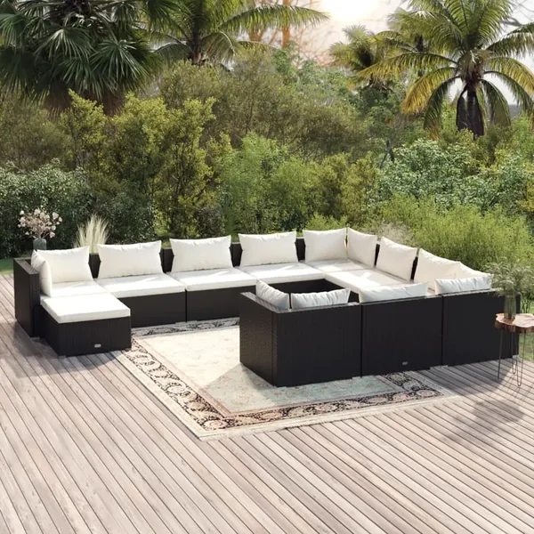 Salon de jardin 11 pcs avec coussins Résine tressée Noir