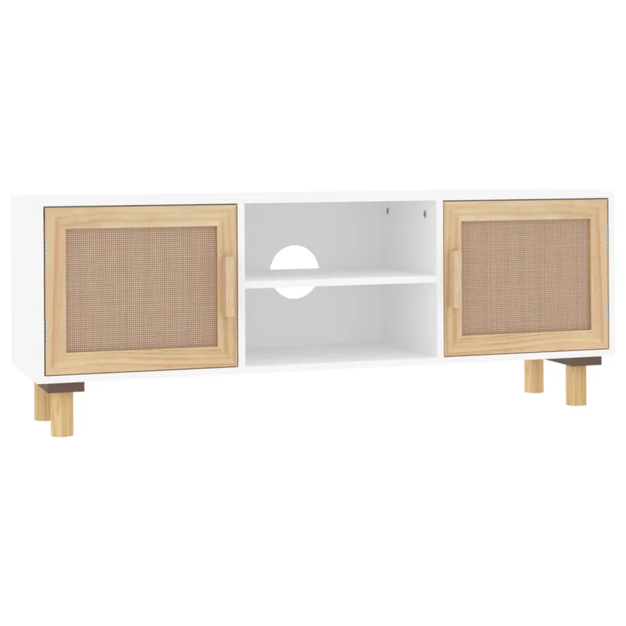 Meuble TV Blanc 105x30x40cm Bois de pin massif et rotin naturel - 2