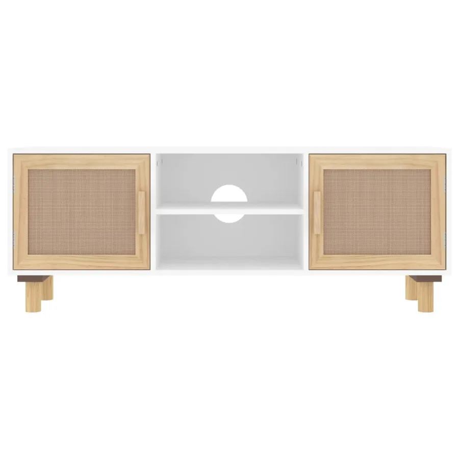 Meuble TV Blanc 105x30x40cm Bois de pin massif et rotin naturel - 4