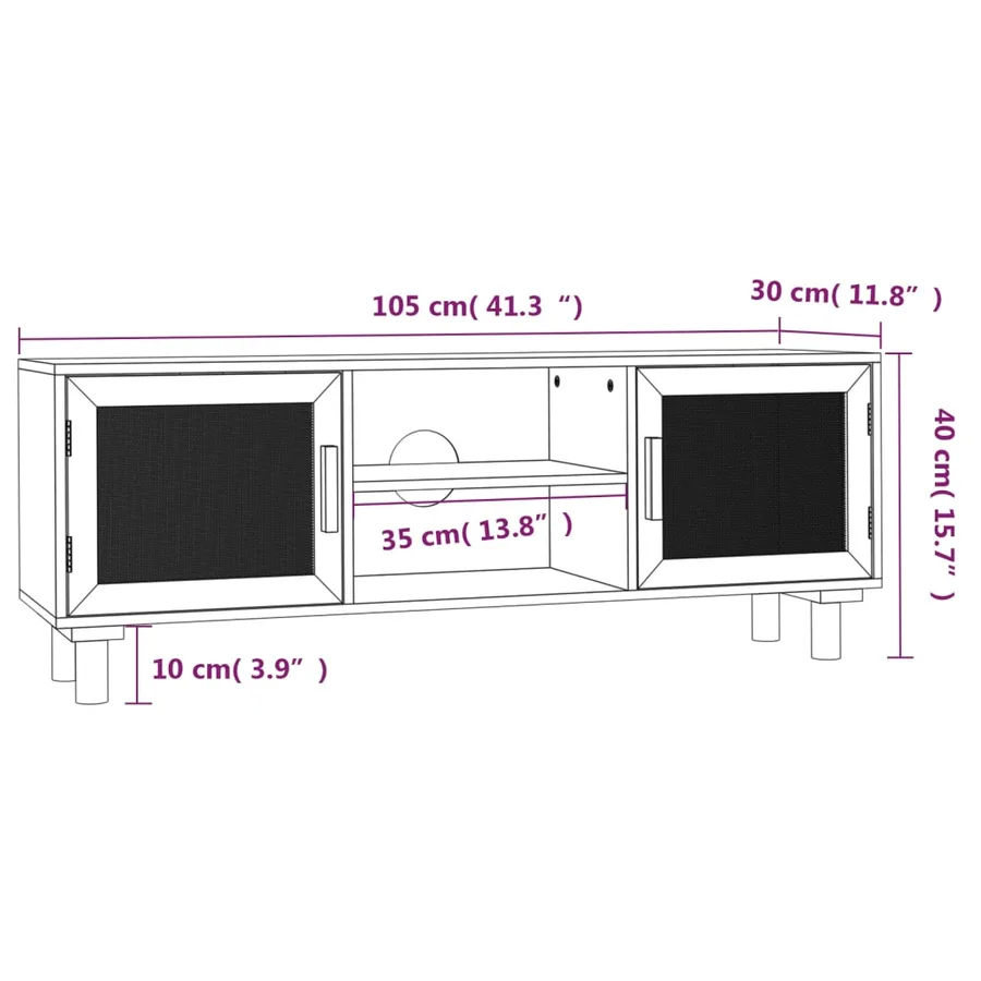 Meuble TV Blanc 105x30x40cm Bois de pin massif et rotin naturel - 8