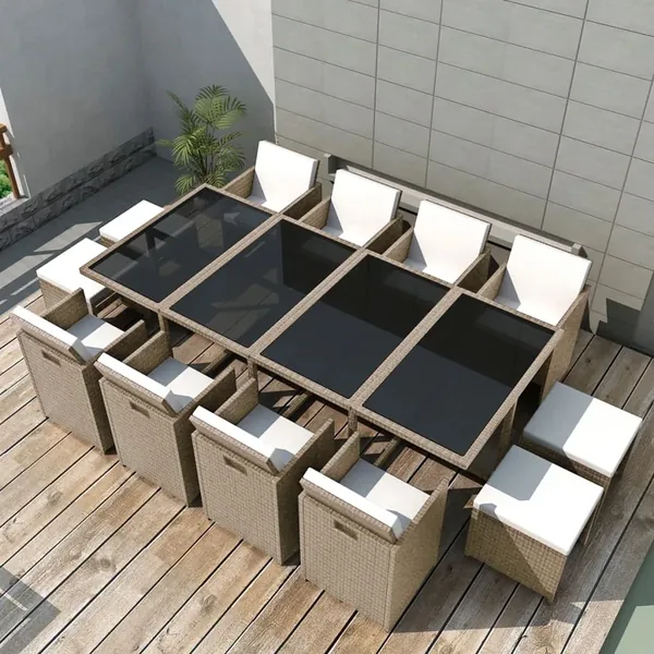 Ensemble à manger d’extérieur et coussins 13 pcs Résine tressée