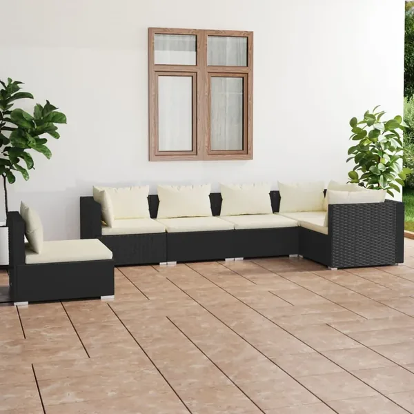 Salon de jardin 6 pcs avec coussins Résine tressée Noir