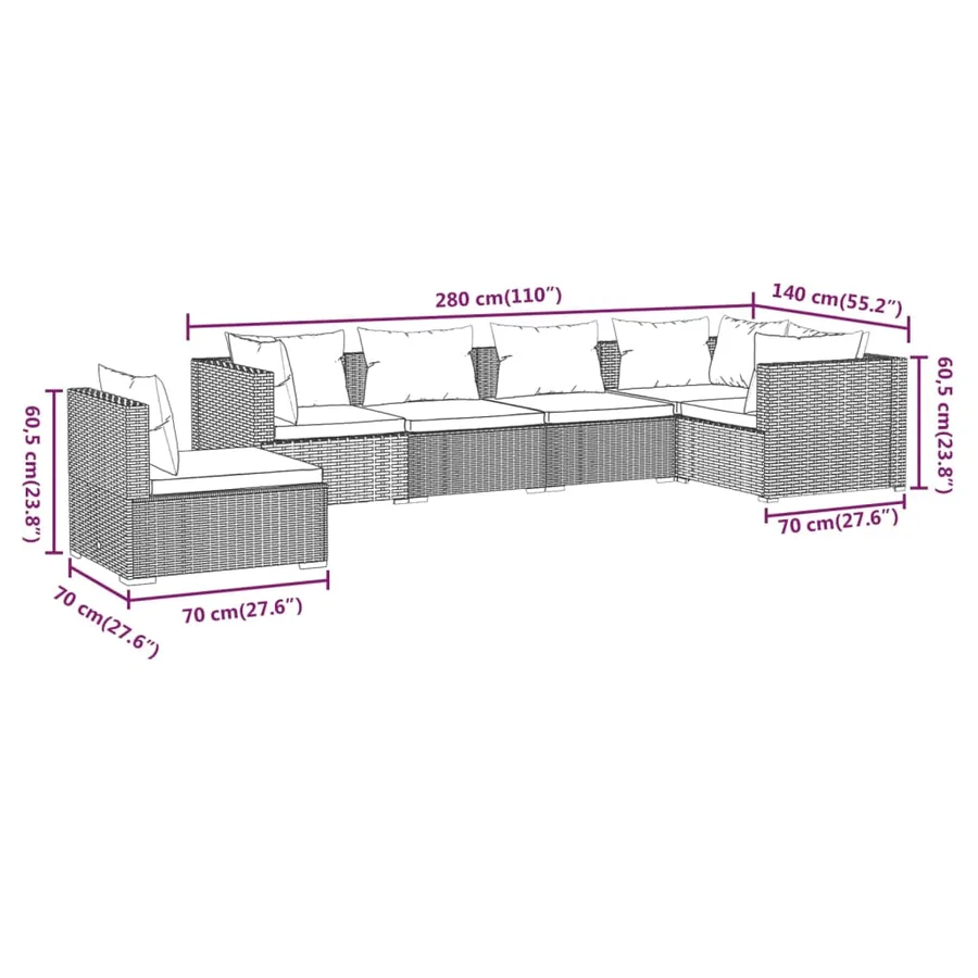 Salon de jardin 6 pcs avec coussins Résine tressée Noir - 7