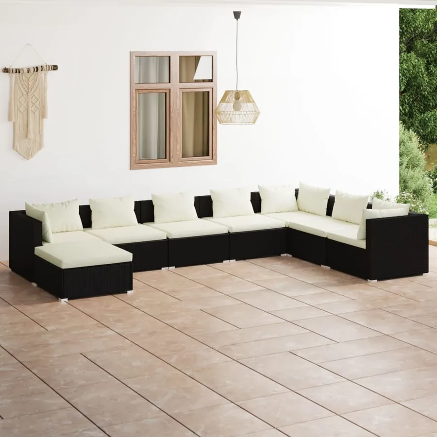 Salon de jardin 8 pcs avec coussins Résine tressée Noir