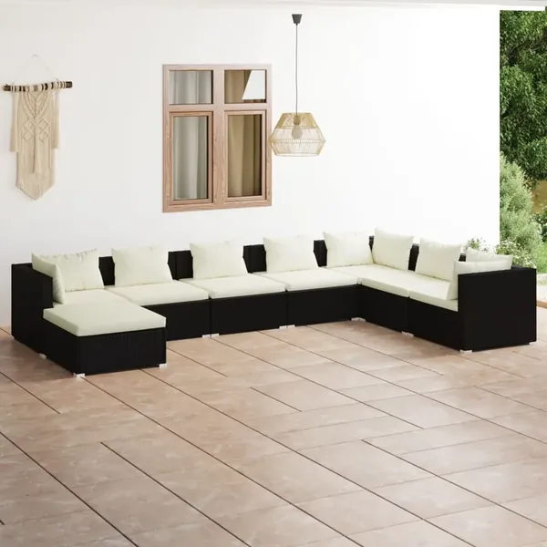 Salon de jardin 8 pcs avec coussins Résine tressée Noir