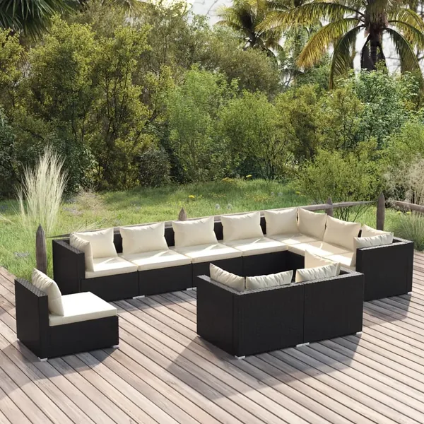Salon de jardin 10 pcs avec coussins Résine tressée Noir