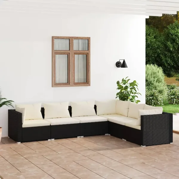 Salon de jardin 6 pcs avec coussins Résine tressée Noir
