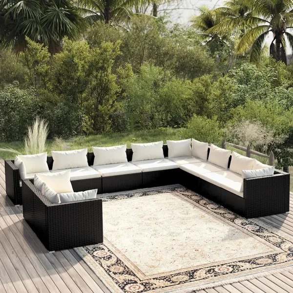 Salon de jardin 10 pcs avec coussins noir résine tressée