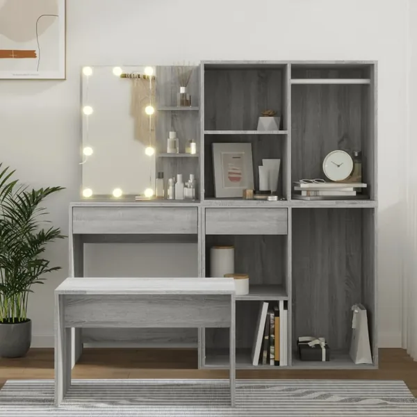 Ensemble de coiffeuse avec LED Sonoma gris Bois d'ingénierie