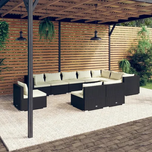 Salon de jardin 10 pcs avec coussins Résine tressée Noir