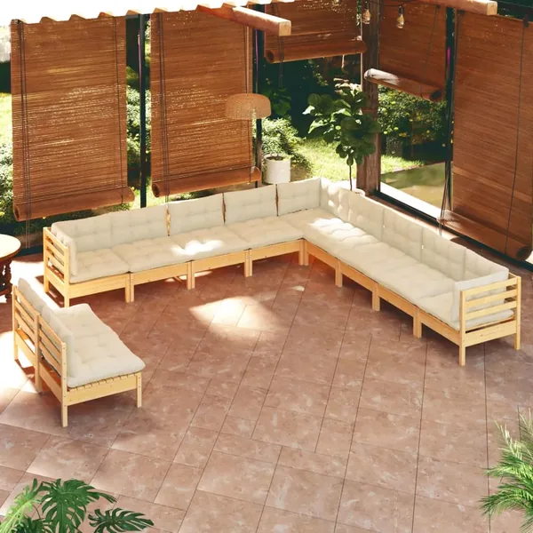 Salon de jardin 11 pcs avec coussins crème Bois de pin solide