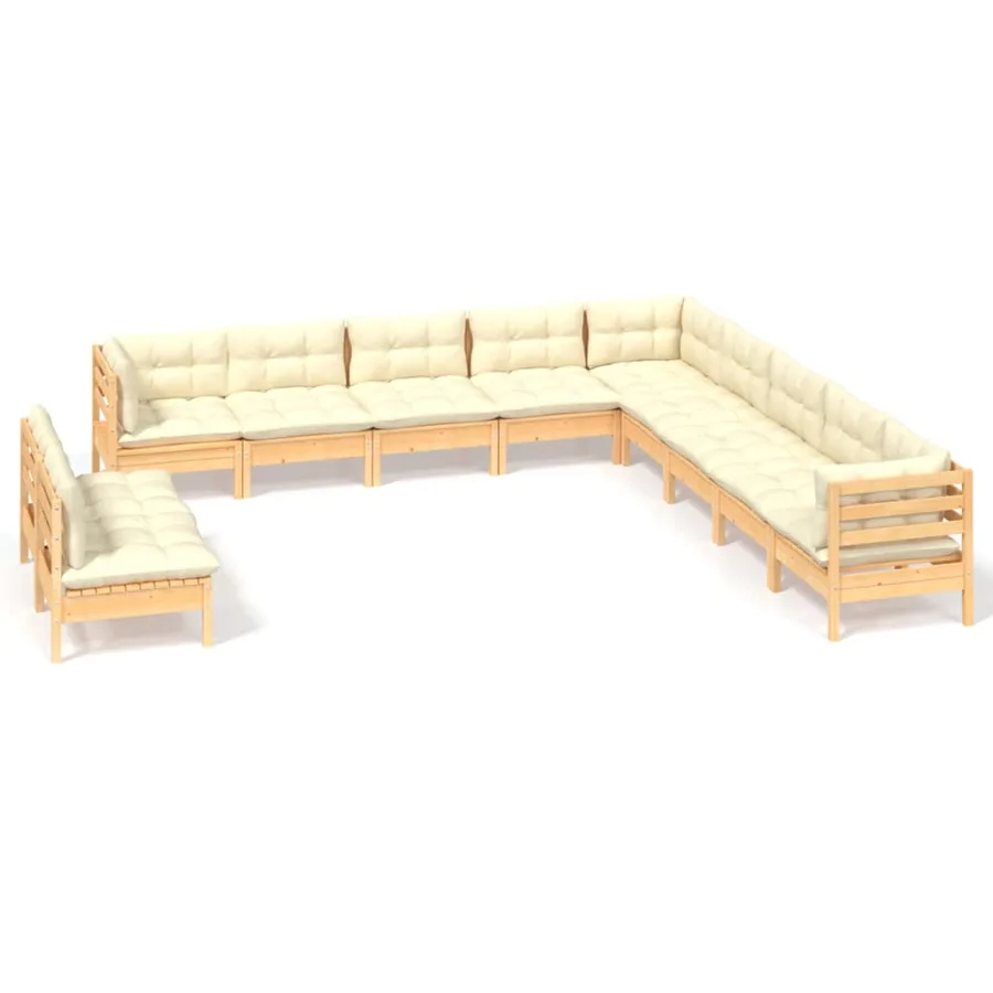 Salon de jardin 11 pcs avec coussins crème Bois de pin solide - 2
