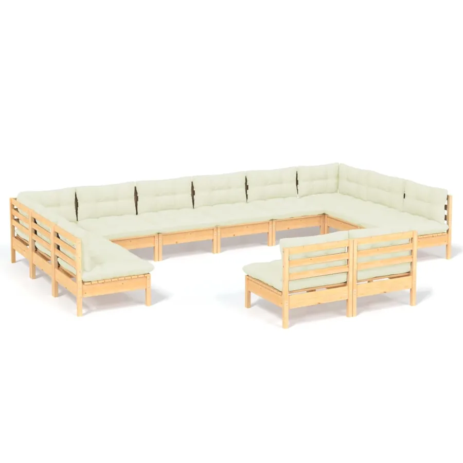 Salon de jardin 12 pcs avec coussins crème Bois de pin massif - 2