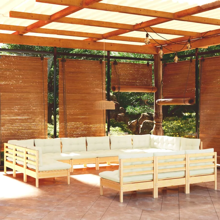 Salon de jardin 13 pcs avec coussins crème Bois de pin solide