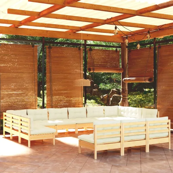 Salon de jardin 13 pcs avec coussins crème Bois de pin solide