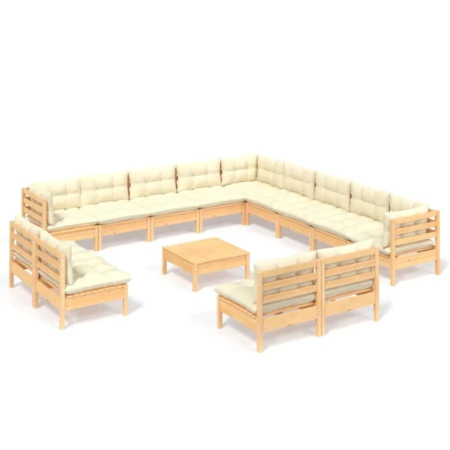 Salon de jardin 14 pcs avec coussins crème Bois de pin solide - 2