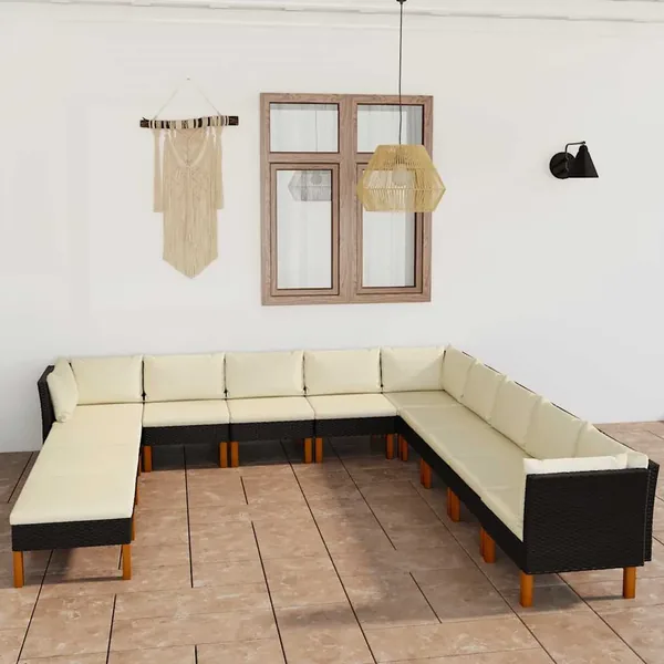 Salon de jardin 12 pcs avec coussins Résine tressée Noir