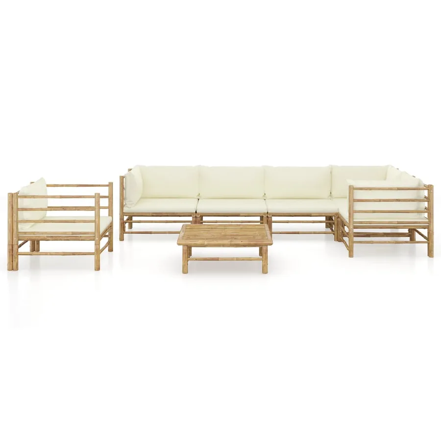 Salon de jardin 7 pcs avec coussins blanc crème bambou - 2