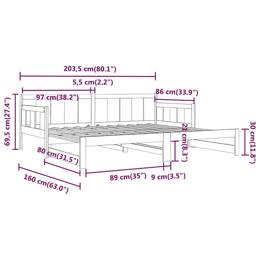 Lit coulissant sans matelas noir 2x(80x200)cm - 12