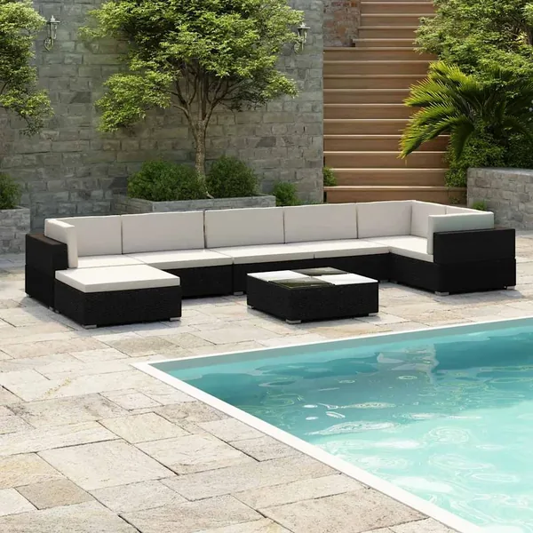 Salon de jardin 8 pcs avec coussins Résine tressée Noir