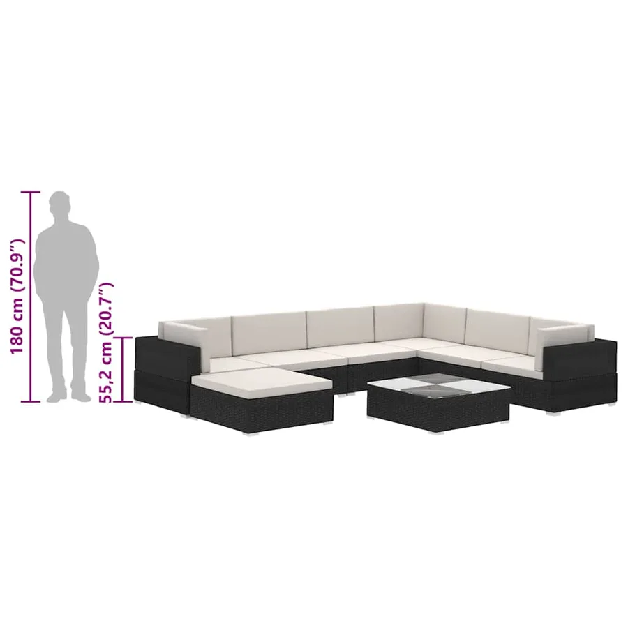 Salon de jardin 8 pcs avec coussins Résine tressée Noir - 12