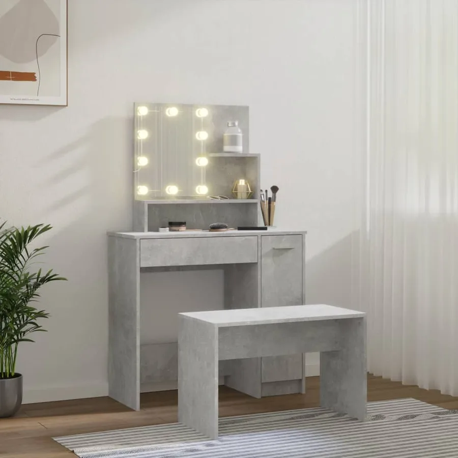 Ensemble de coiffeuse avec LED Gris béton Bois d'ingénierie - 3