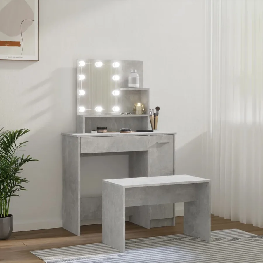 Ensemble de coiffeuse avec LED Gris béton Bois d'ingénierie - 4