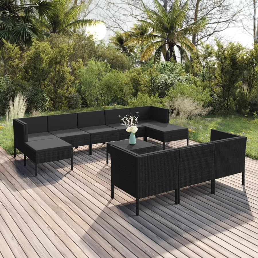 Salon de jardin 11 pcs avec coussins Résine tressée Noir