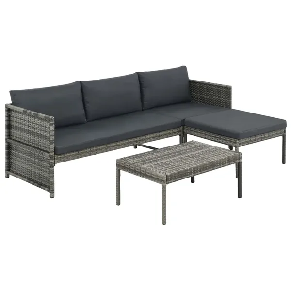 Salon de jardin 3 pcs avec coussins Résine tressée Gris