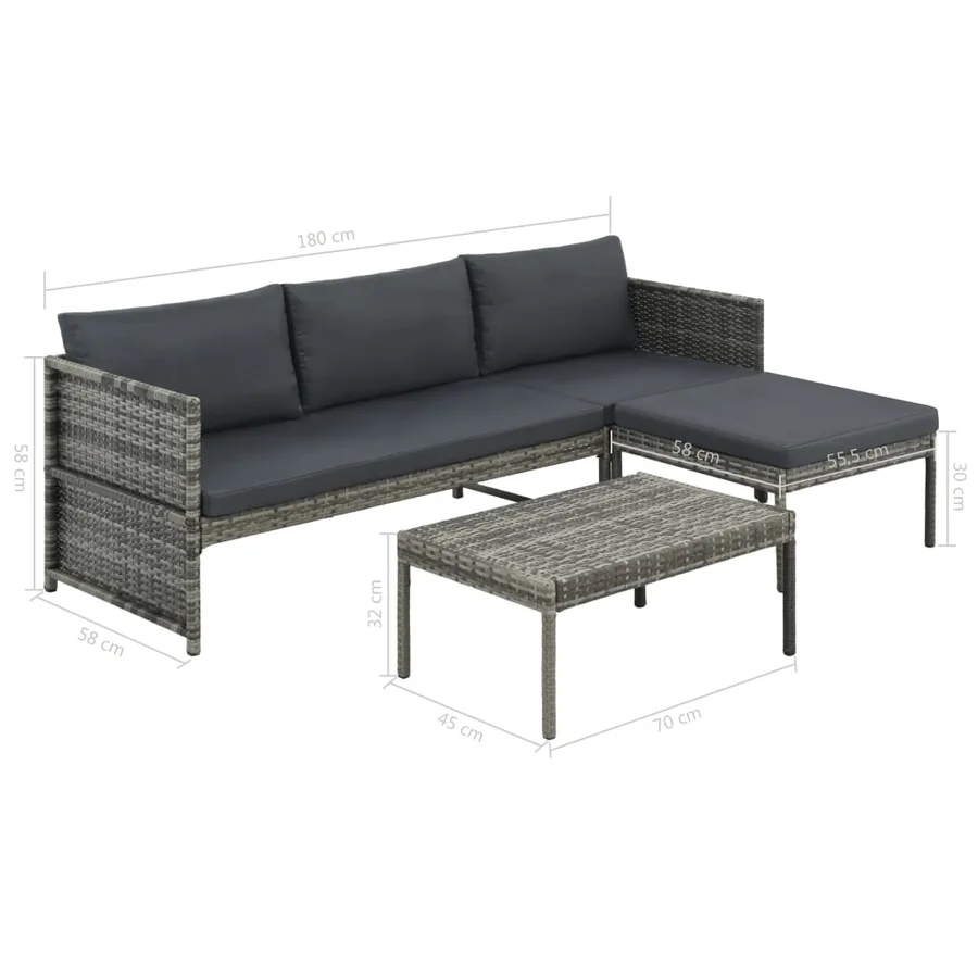 Salon de jardin 3 pcs avec coussins Résine tressée Gris - 7
