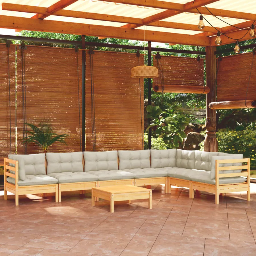 Salon de jardin 8 pcs avec coussins crème Bois de pin massif