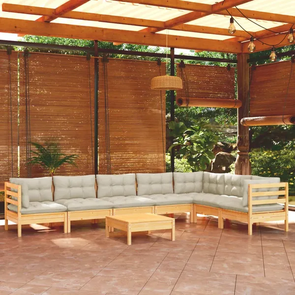 Salon de jardin 8 pcs avec coussins crème Bois de pin massif