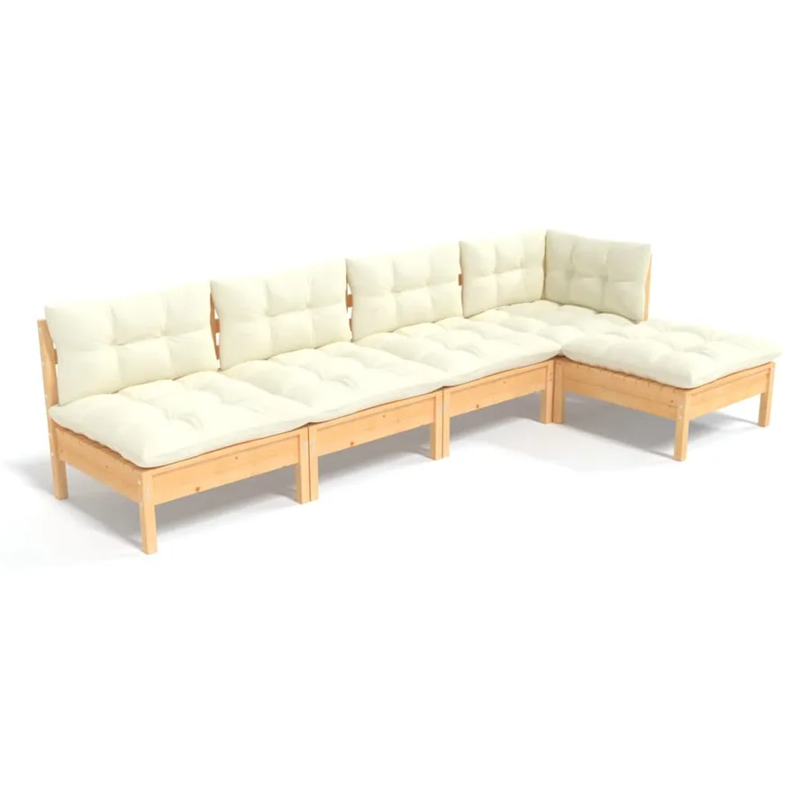 Salon de jardin 5 pcs avec coussins crème bois de pin - 2