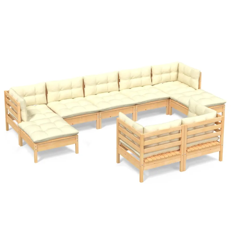 Salon de jardin 9 pcs avec coussins crème bois de pin massif - 2