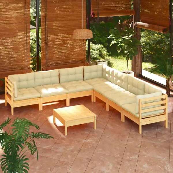 Salon de jardin 8 pcs avec coussins crème Bois de pin massif