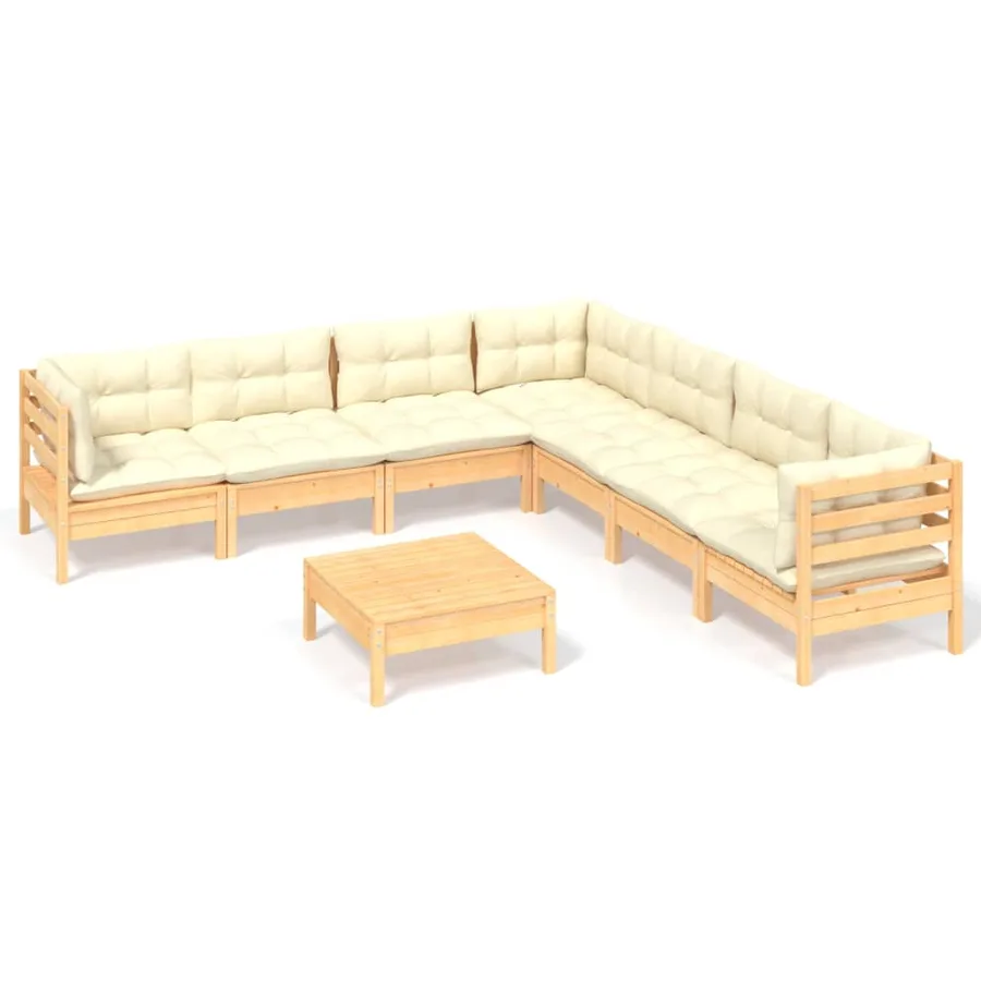 Salon de jardin 8 pcs avec coussins crème Bois de pin massif - 2