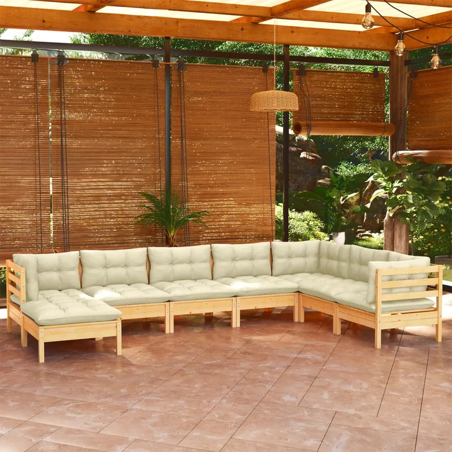 Salon de jardin 8 pcs avec coussins crème Bois de pin massif