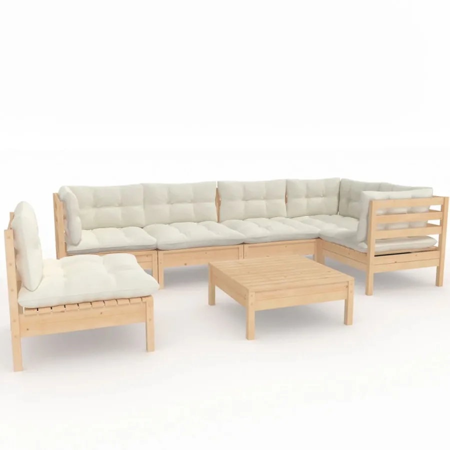 Salon de jardin 7 pcs avec coussins crème bois de pin - 2