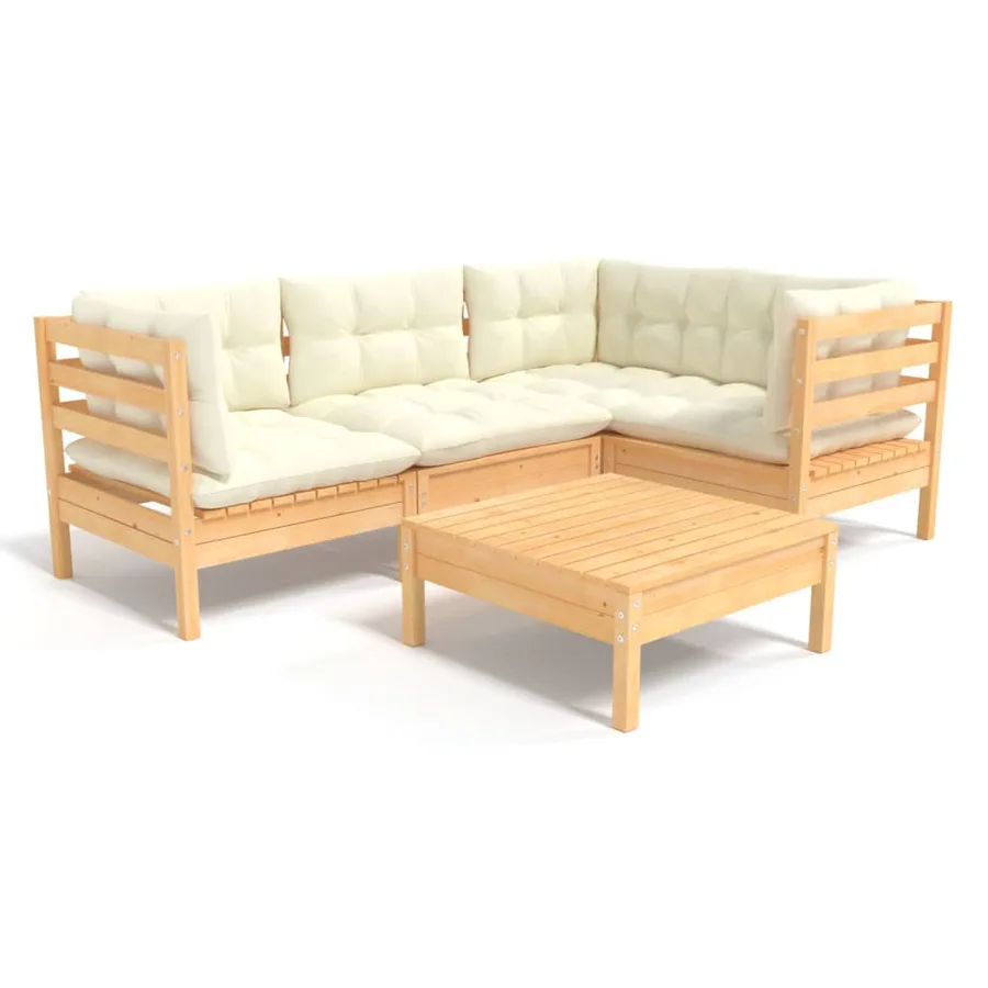 Salon de jardin 5 pcs avec coussins crème bois de pin - 2