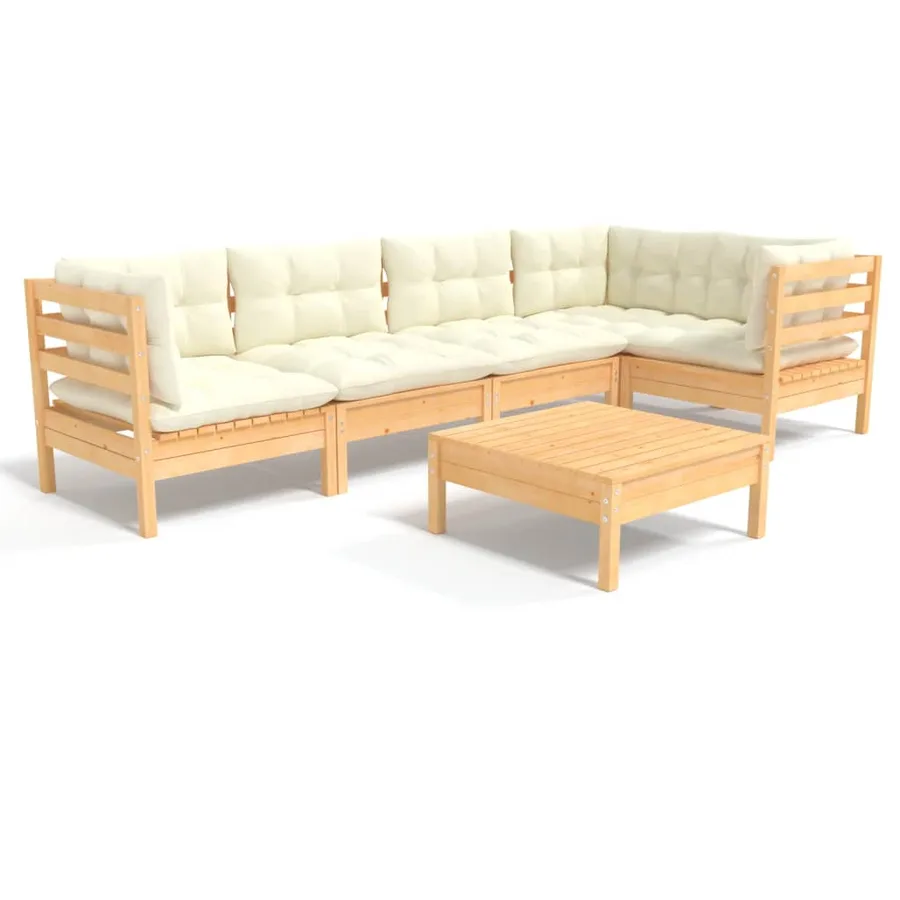 Salon de jardin 6 pcs avec coussins crème bois de pin - 2