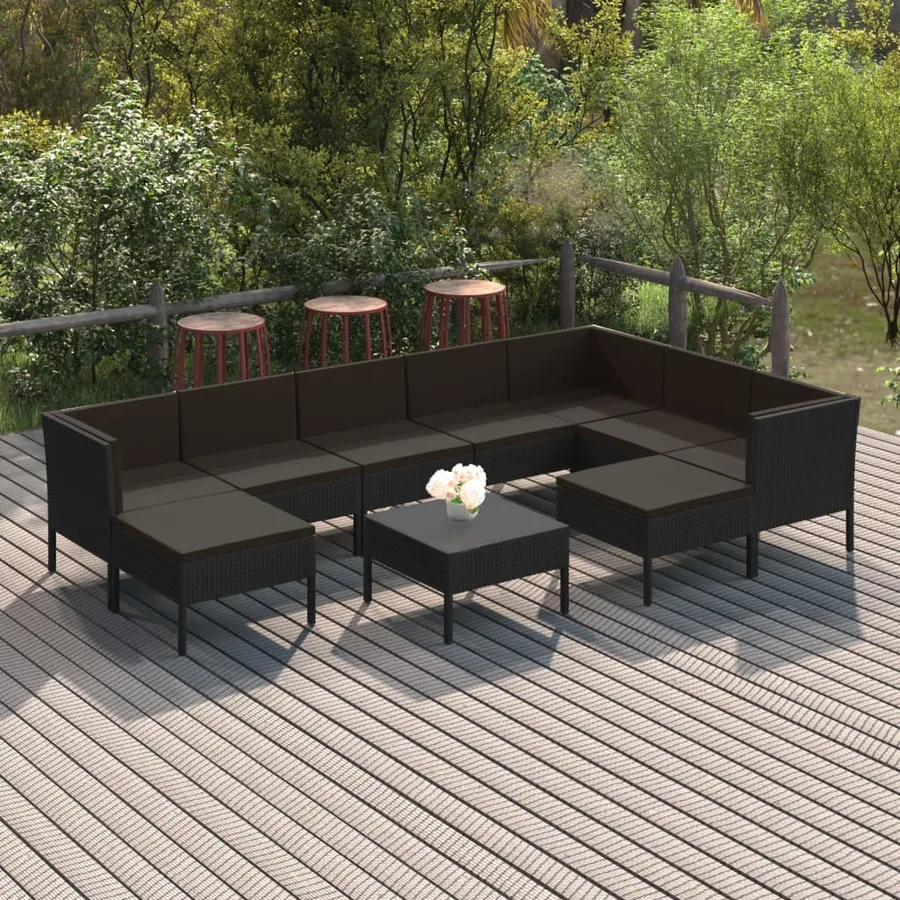 Salon de jardin 10 pcs avec coussins Résine tressée Noir