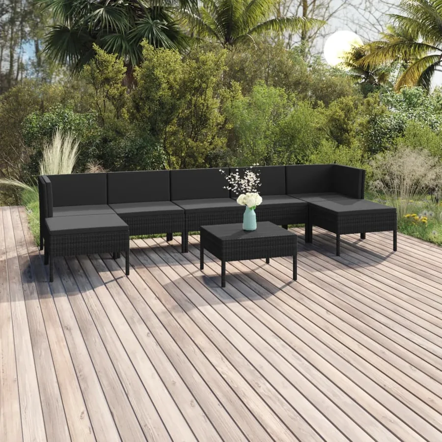 Salon de jardin 8 pcs avec coussins résine tressée noir
