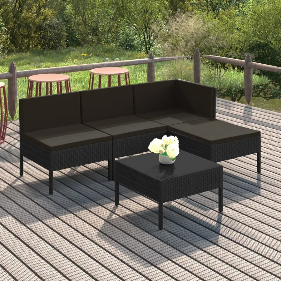 Salon de jardin 5 pcs avec coussins résine tressée noir