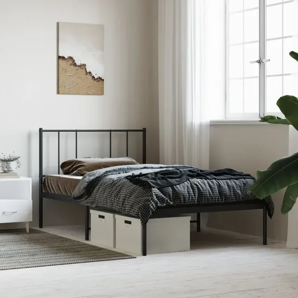 Cadre de lit métal sans matelas avec tête de lit noir 90x200 cm
