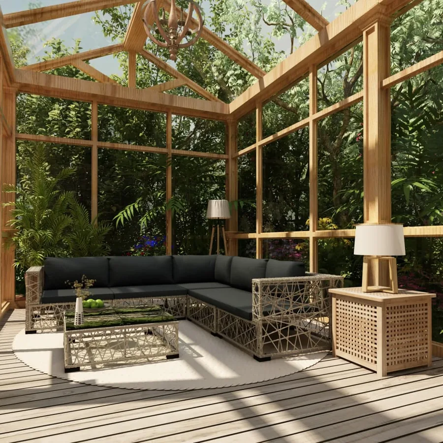 Salon de jardin 6 pcs avec coussins résine tressée gris