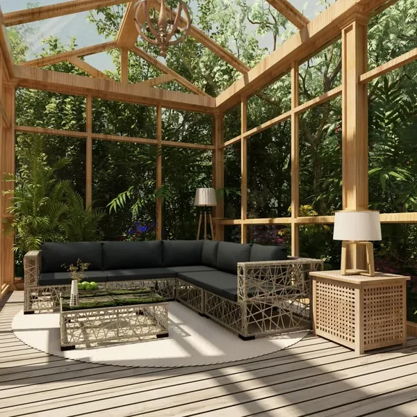 Salon de jardin 6 pcs avec coussins résine tressée gris