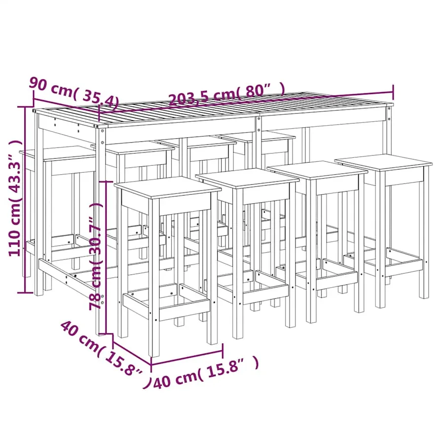 Ensemble de bar de jardin 9 pcs Bois de pin massif - 10